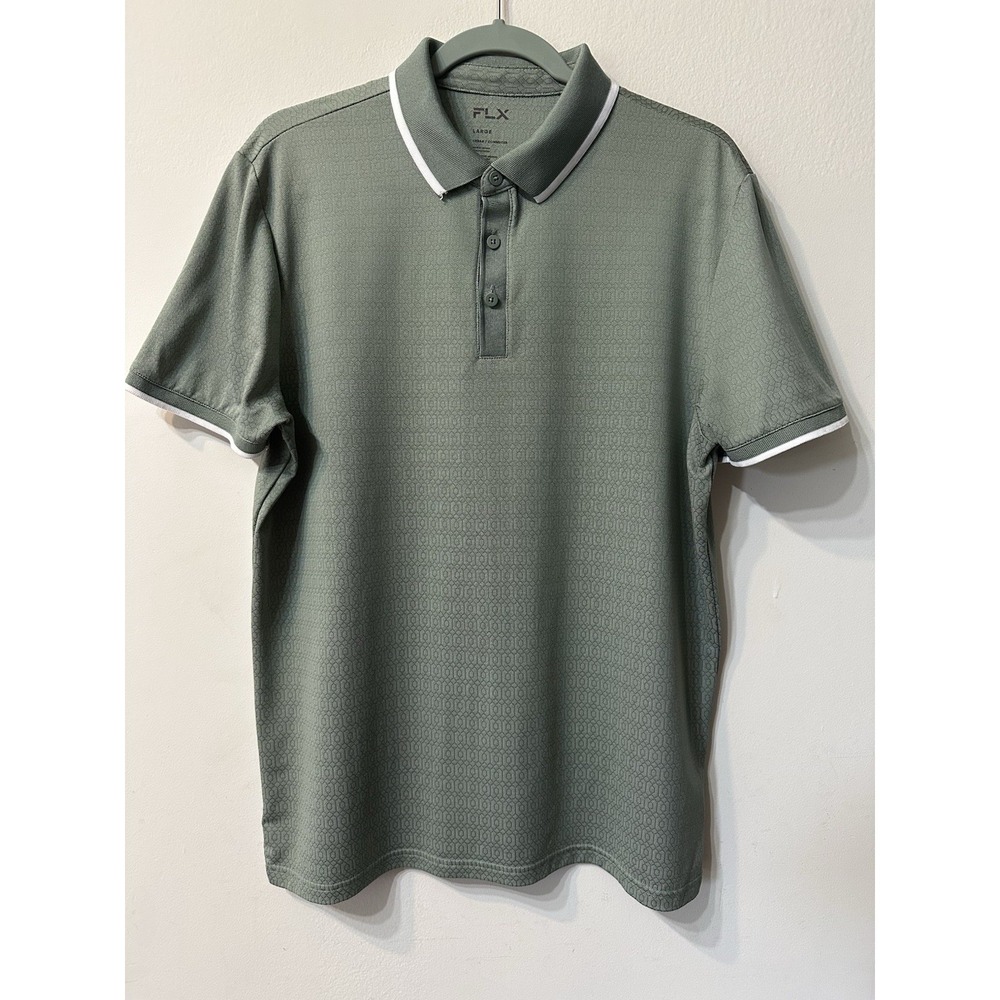 FLX Men Large Urban Commuter Polo Shirt Green Geometric Textured Tipped Golf L